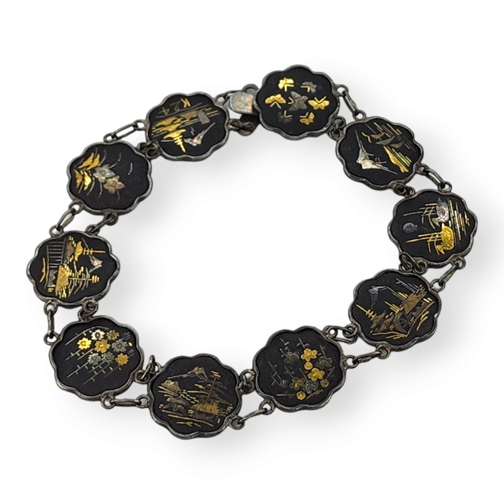 Vintage Signed Damascene Link Bracelet Sterling Silver 7" Black Gold K24 Inlay